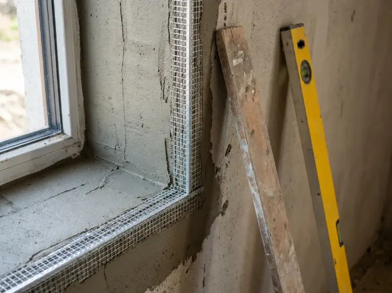 Verzinkt hoekprofiel gezet op de dagkant van een raam in een pas geplakte muur, rei en waterpas tegen de muur