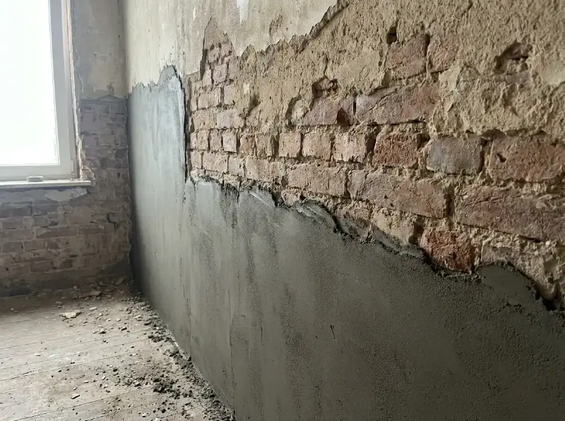Oude bakstenen muur waarvan een deel van het plakwerk is afgekapt en opnieuw geraapt, overgang nog zichtbaar